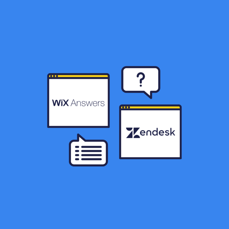 illustration of desktop screenshots showing the Wix Answers VS Zendesk logos