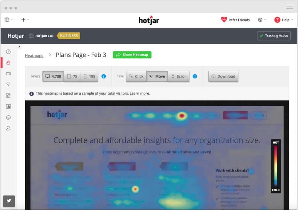 heatmap feature in Hotjar, adigital experience monitoring tool